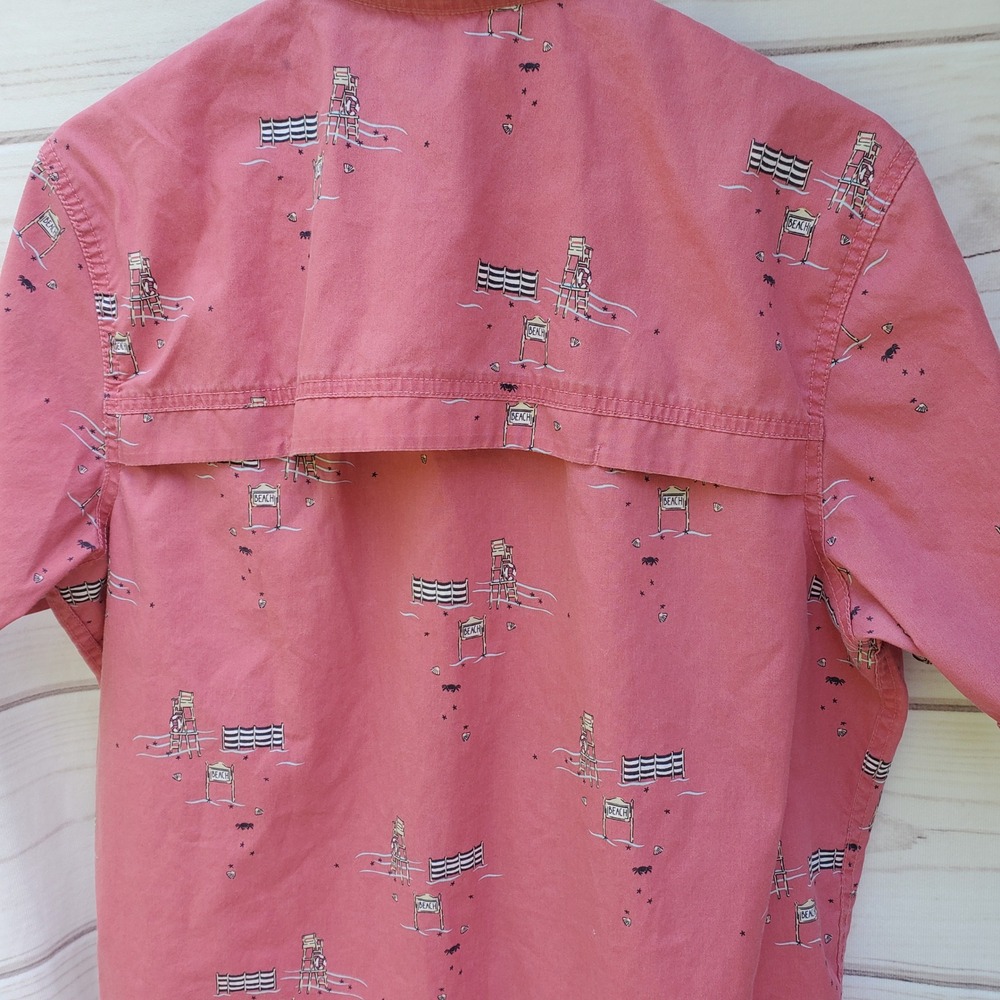 Izod Saltwater Performance vented Mens Small Salmon Pink BeachPrintFishing Shirt